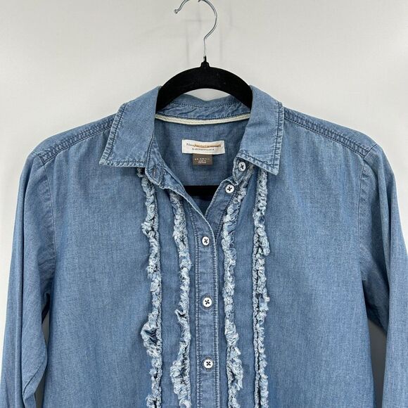 ANTHOPOLOGIE Pilcro Juni Ruffled Fringe Denim Button Up Blouse Shirt Size XXS - Picture 6 of 9